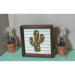 Cactus Wall Art With Mini Faux Plants Rustic Wooden Frame 8"x8" Hobby Lobby